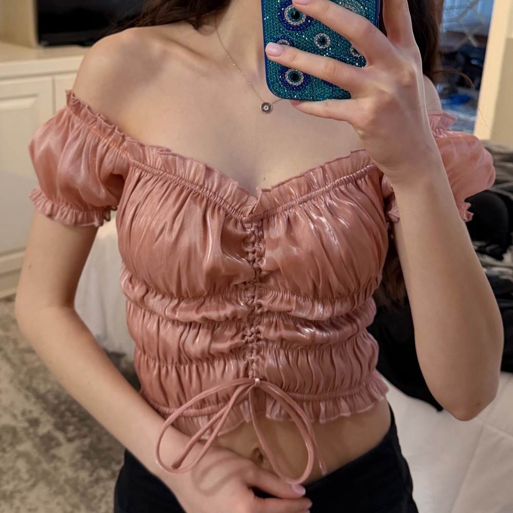Tiger Mist Blush Ruched Off-Shoulder Blouse